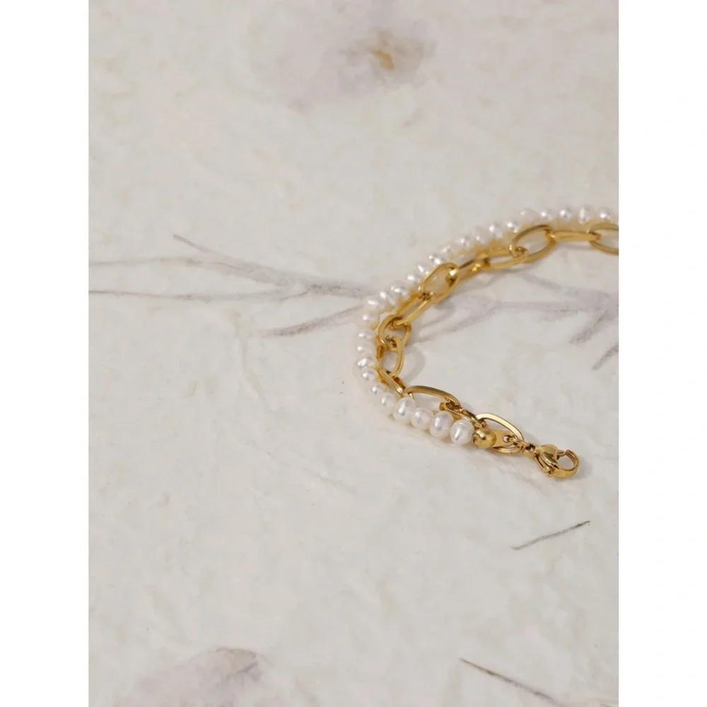 2in1 Zara Gold Genuine White Pearl Line 2-Linked Chained Bracelets